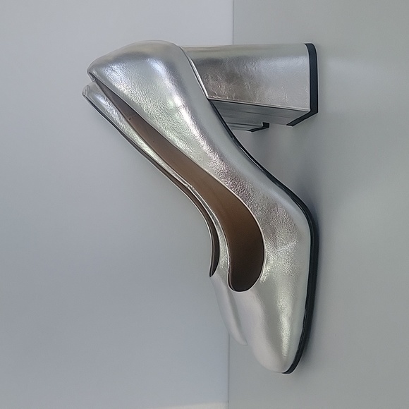 Silver womans high heel chunky heel square toe pumps party dress - Picture 4 of 8